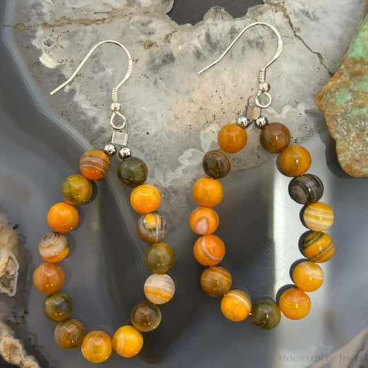 Sterling Silver Rounded Yellow Jasper Beads Hoop Dangle Earrings For Women