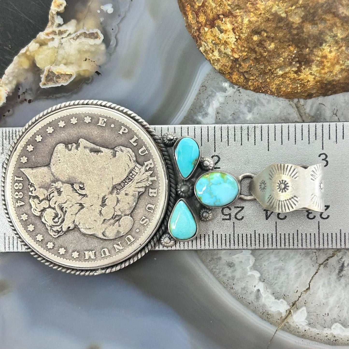 Genuine 1884 90% Morgan Silver Dollar Coin Golden Hill Turquoise Unisex Pendant