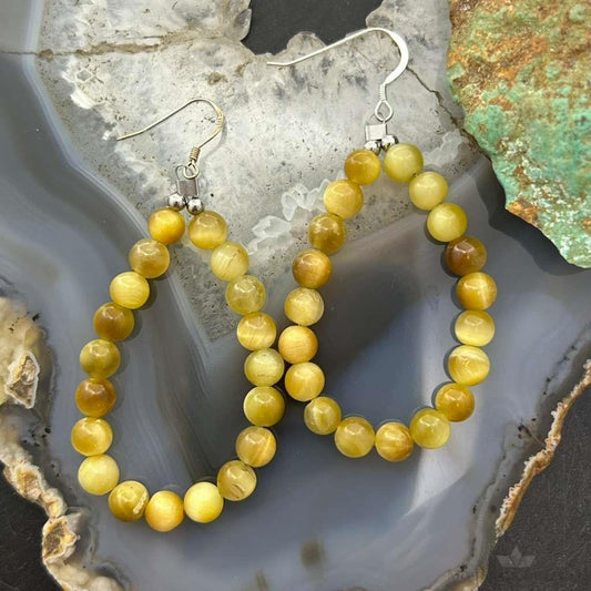 Sterling Silver 6mm Rounded Golden Tiger's Eye Hoop Dangle Earrings For Women
