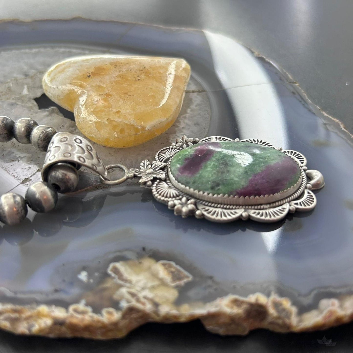 Sterling Silver Southwestern Style Oval Ruby Zoisite Decorated Pendant For Women