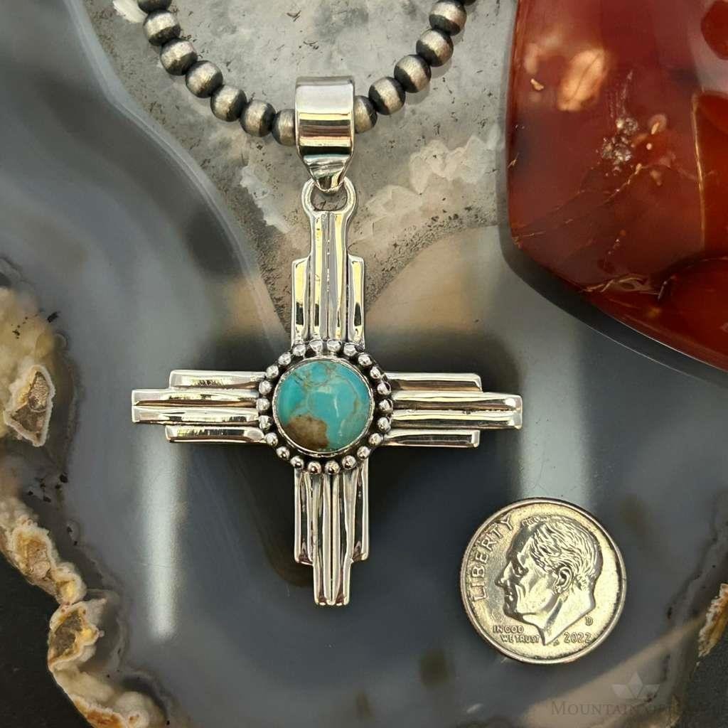 Sterling Silver Southwestern Style Round Mohave Turquoise Unisex Zia Pendant