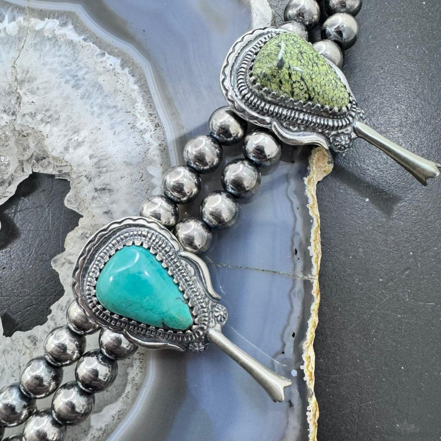 Carolyn Pollack Sterling Silver Turquoise & Serpentine Squash Blossom Necklace For Women