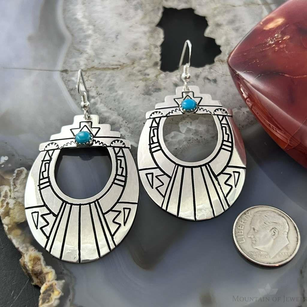 Tommy & Rosita Singer Sterling Silver Dot Turquoise Engraved Dangle Earrings For Women