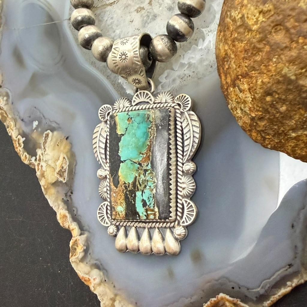 Sterling Silver Southwestern Style Rectangle Blackjack Turquoise Decorated Pendant #2