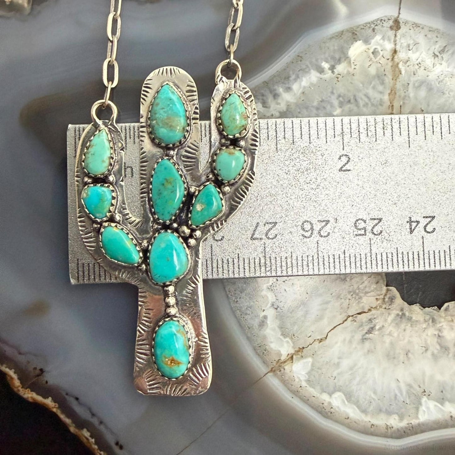 Sterling Southwestern Style Kingman Turquoise Cactus Pendant 20.5" Necklace