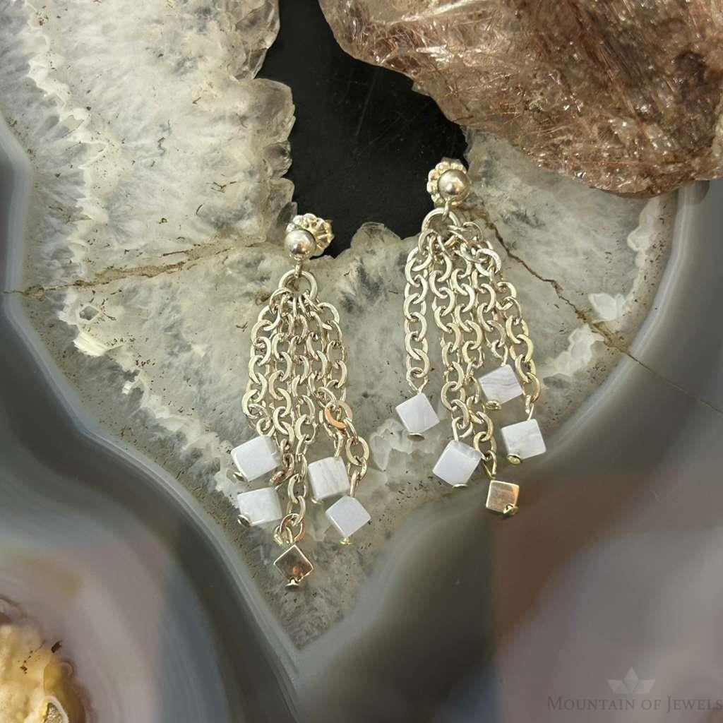 Carolyn Pollack Sterling Silver Tiny Blue Lace Agate Cube Bead Chandelier Earrings For Women