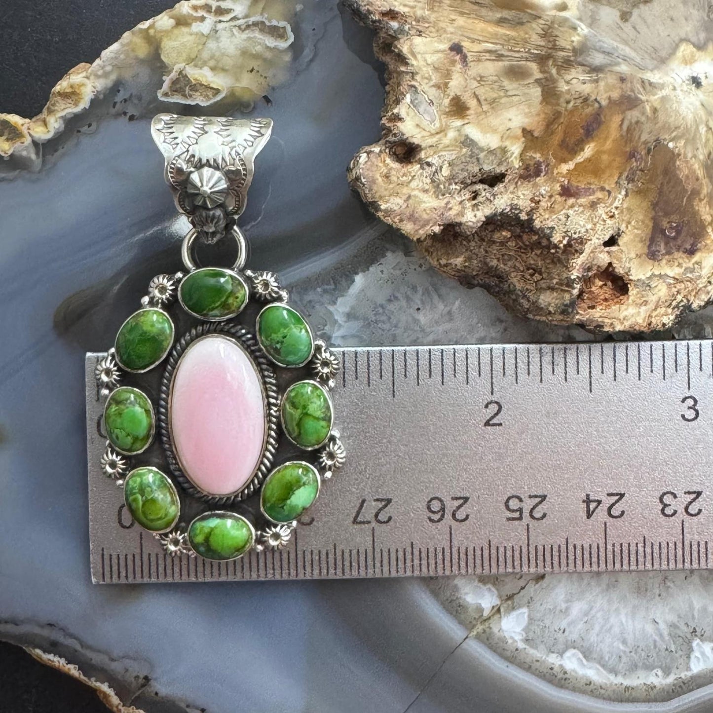 Native American Sterling Silver Sonora Gold Turquoise & Pink Conch Cluster Pendant For Women