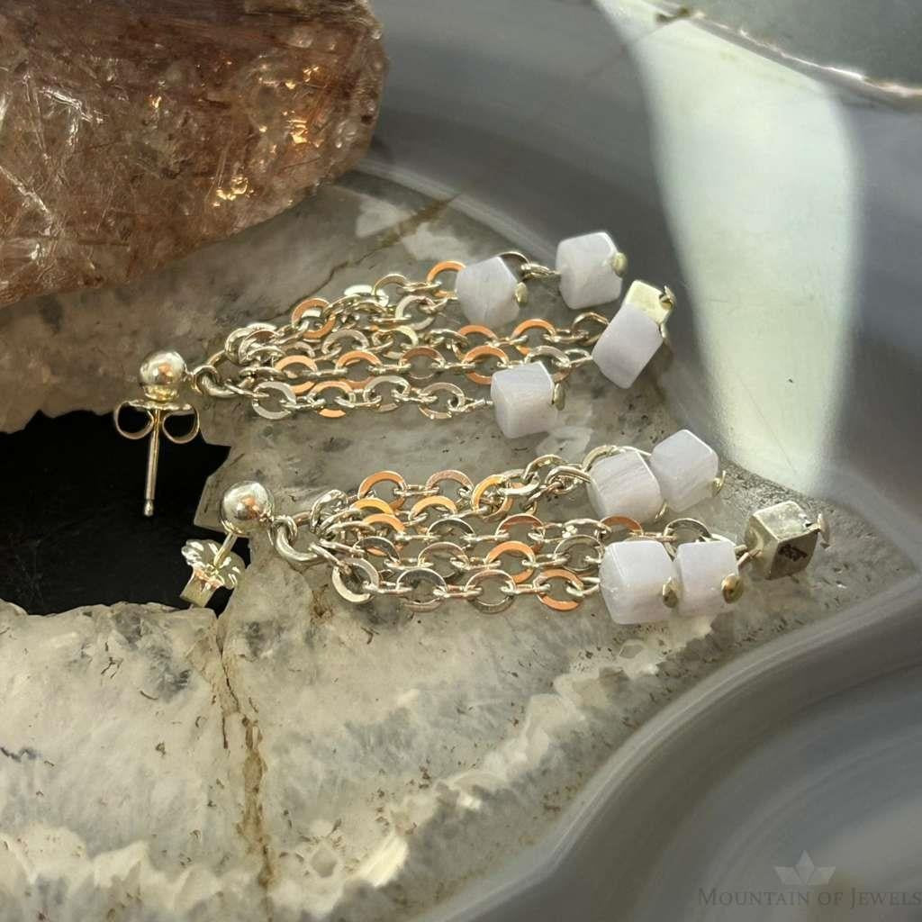 Carolyn Pollack Sterling Silver Tiny Blue Lace Agate Cube Bead Chandelier Earrings For Women