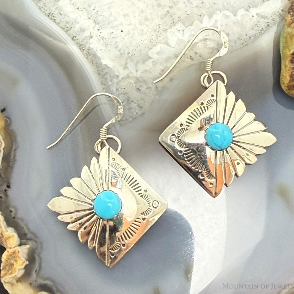 Michael Nez Sterling Silver Turquoise Pueblo Life Dangle Earrings For Women
