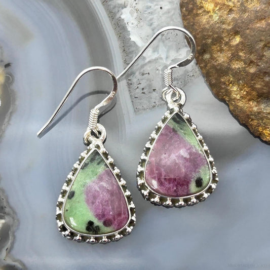 Sterling Silver Southwestern Style Teardrop Ruby Zoisite Dangle Earrings For Women