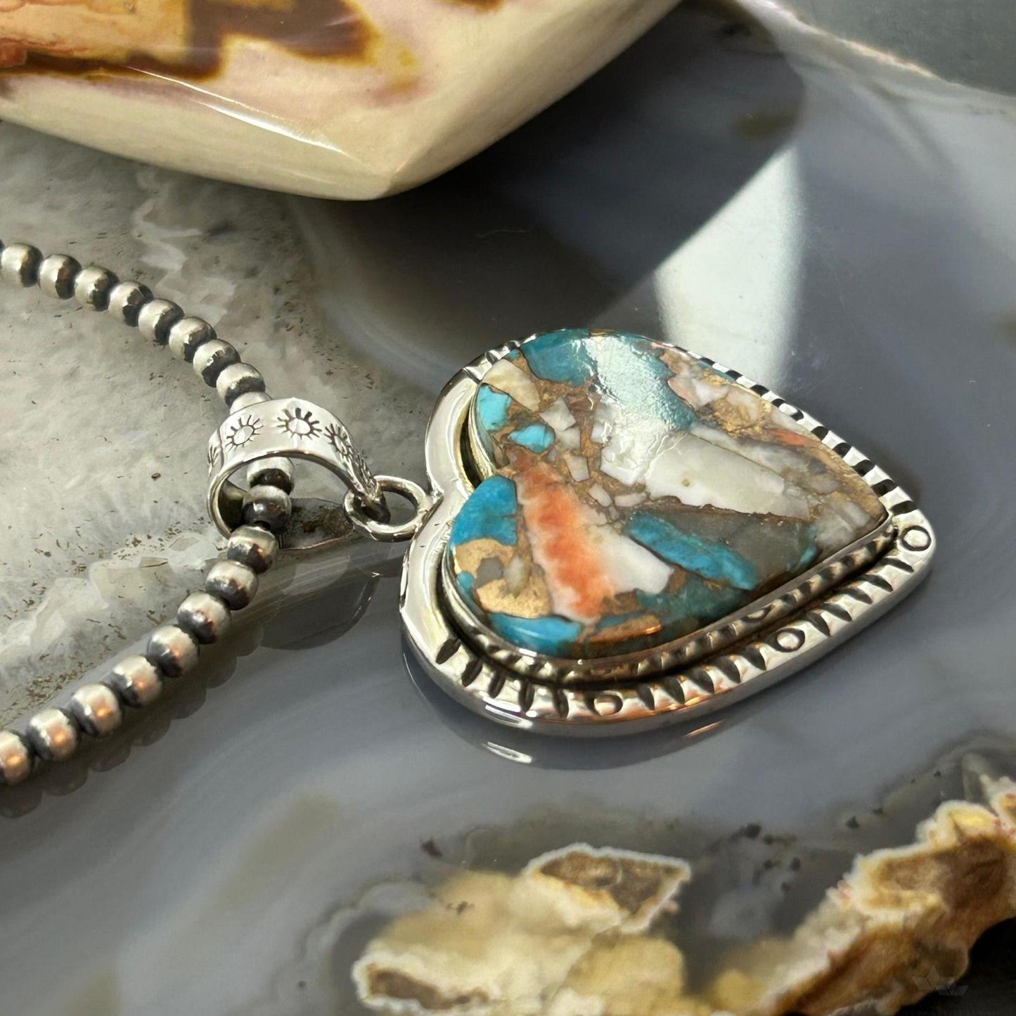Sterling Silver Southwestern Style Turquoise Spiny Oyster Heart Pendant For Women