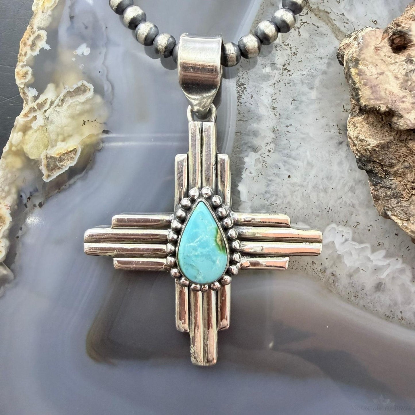 Sterling Silver Southwestern Style Teardrop Turquoise Unisex Zia Pendant