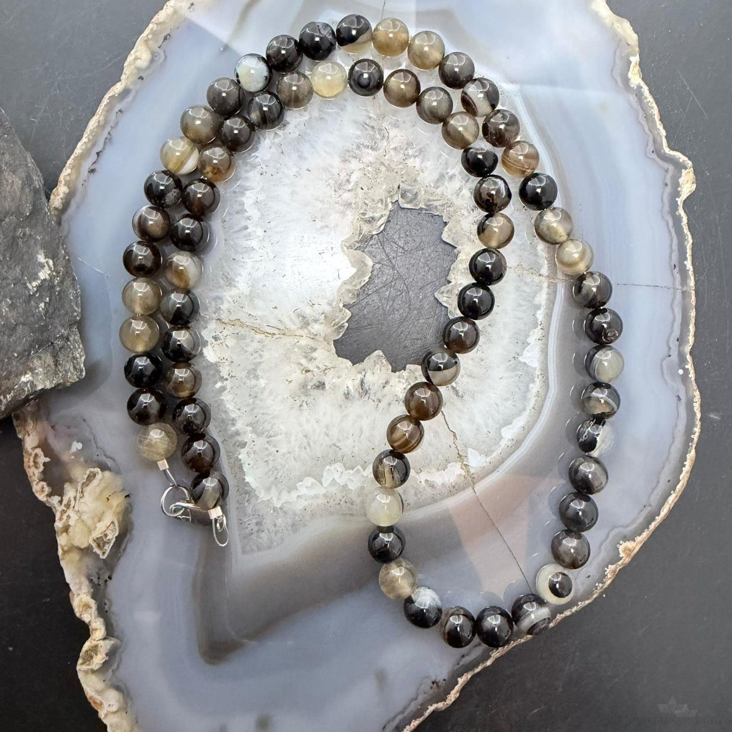 Sterling Silver Southwestern Style Smoky Onyx 8mm Beads 22" Necklace For Women
