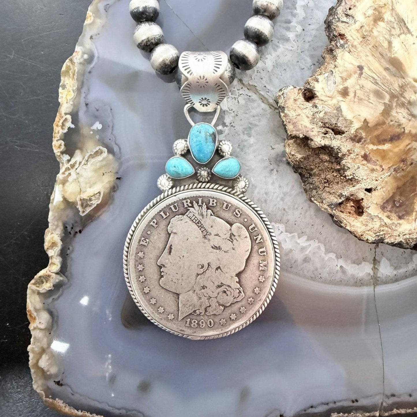 Genuine 1890 90% Morgan Silver Dollar Coin Turquoise Decorated Unisex Pendant #1