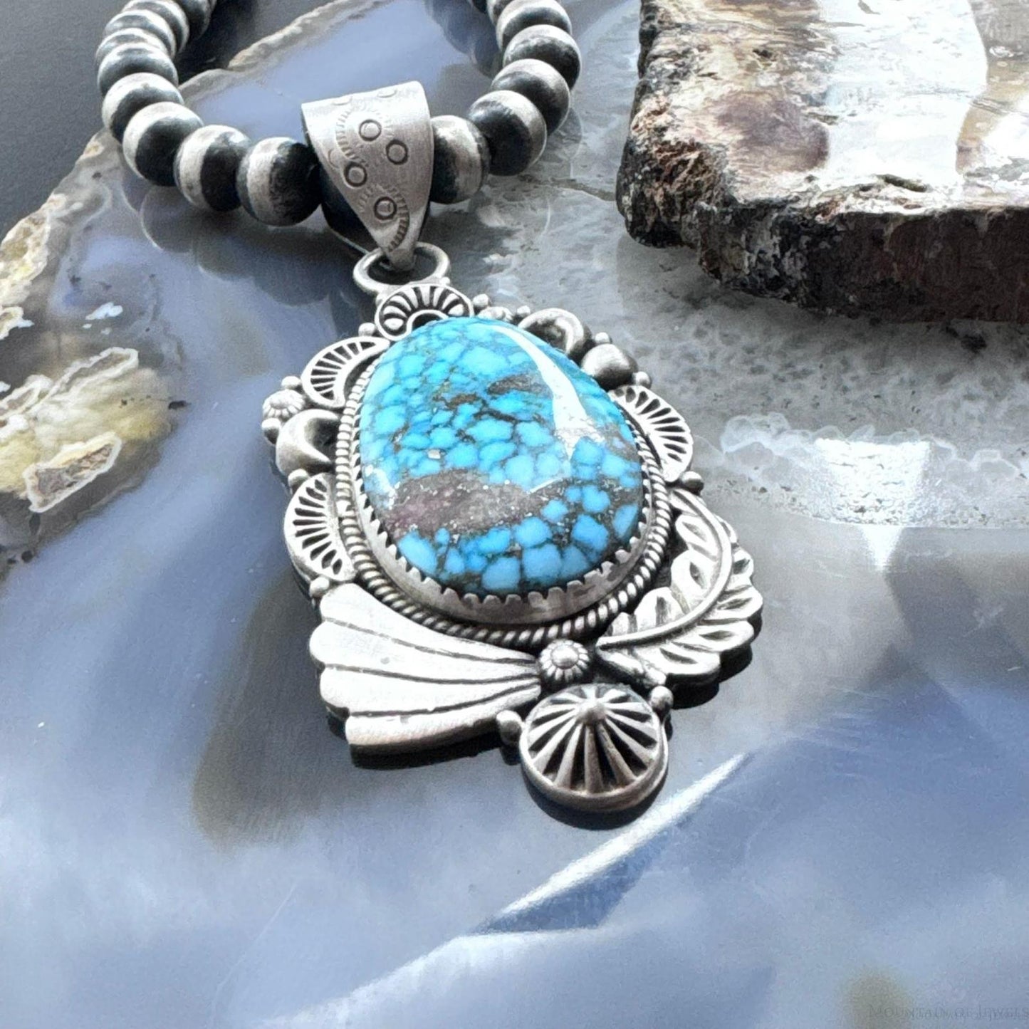 Sterling Silver Southwestern Style Large Egg-shape Kingman Turquoise Pendant For Women