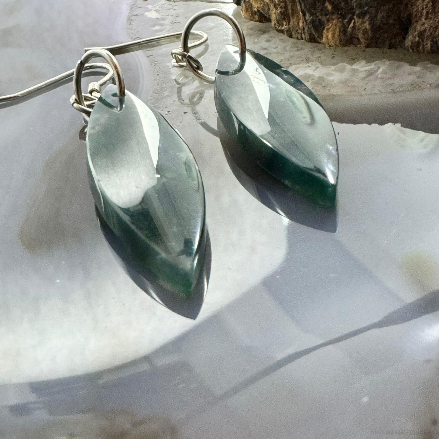 Sterling Silver Elongate Marquise Moss Agate Slab Dangle Earrings For Women #233