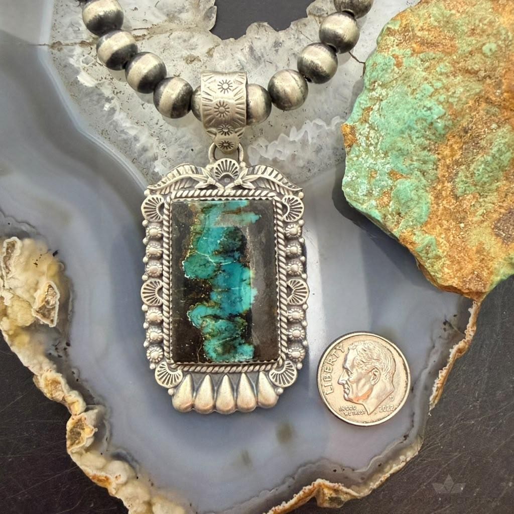 Sterling Silver Southwestern Style Rectangle Blackjack Turquoise Decorated Pendant