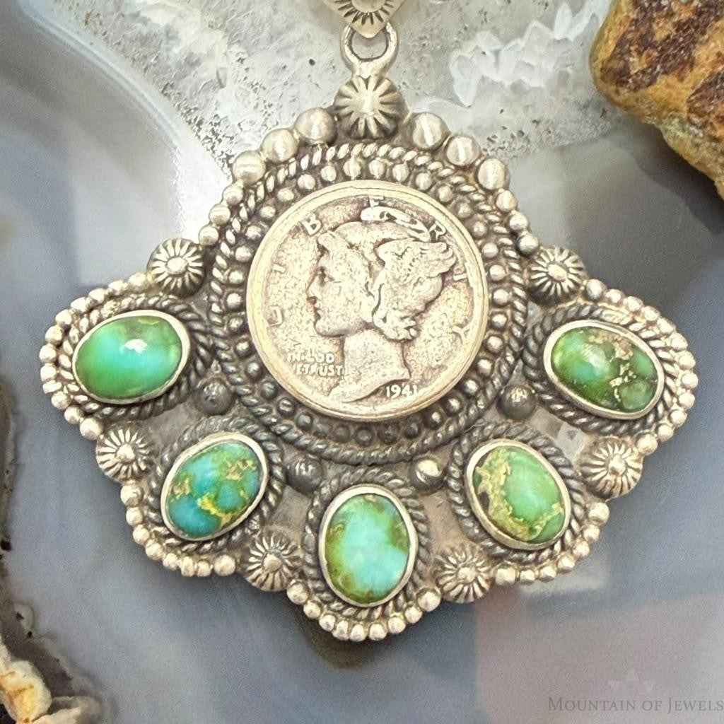 Sterling Silver Southwestern Style 1941 Mercury Dime & Sonora Gold Turquoise Pendant