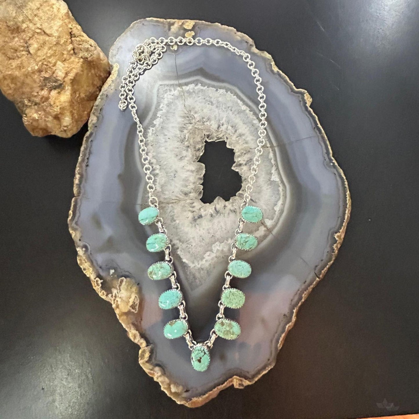 Sterling Southwestern Style Oval Pilot Mountain Turquoise 20" Necklace For Women