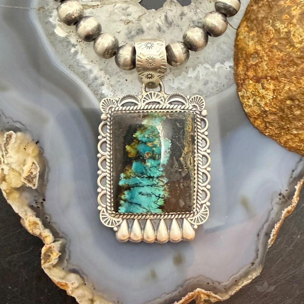 Sterling Silver Southwestern Style Rectangle Blackjack Turquoise Decorated Pendant #3