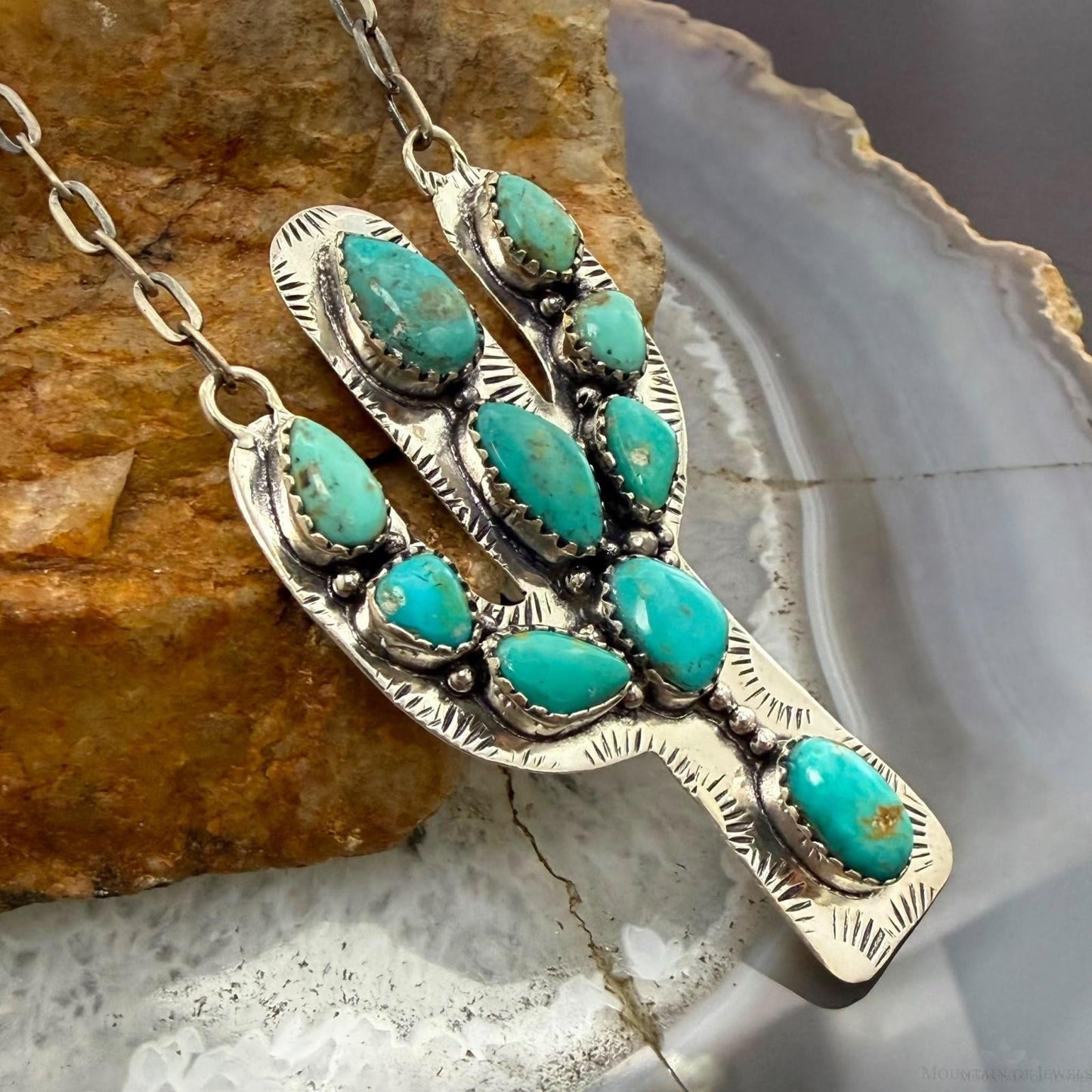 Sterling Southwestern Style Kingman Turquoise Cactus Pendant 20.5" Necklace