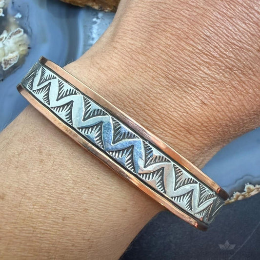 Wylie Secatero Navajo Sterling Silver & Copper Stamped Bracelet For Men #6