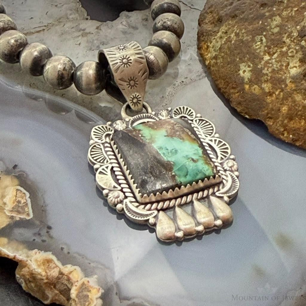 Sterling Silver Southwestern Style Square Blackjack Turquoise Decorated Pendant For Women