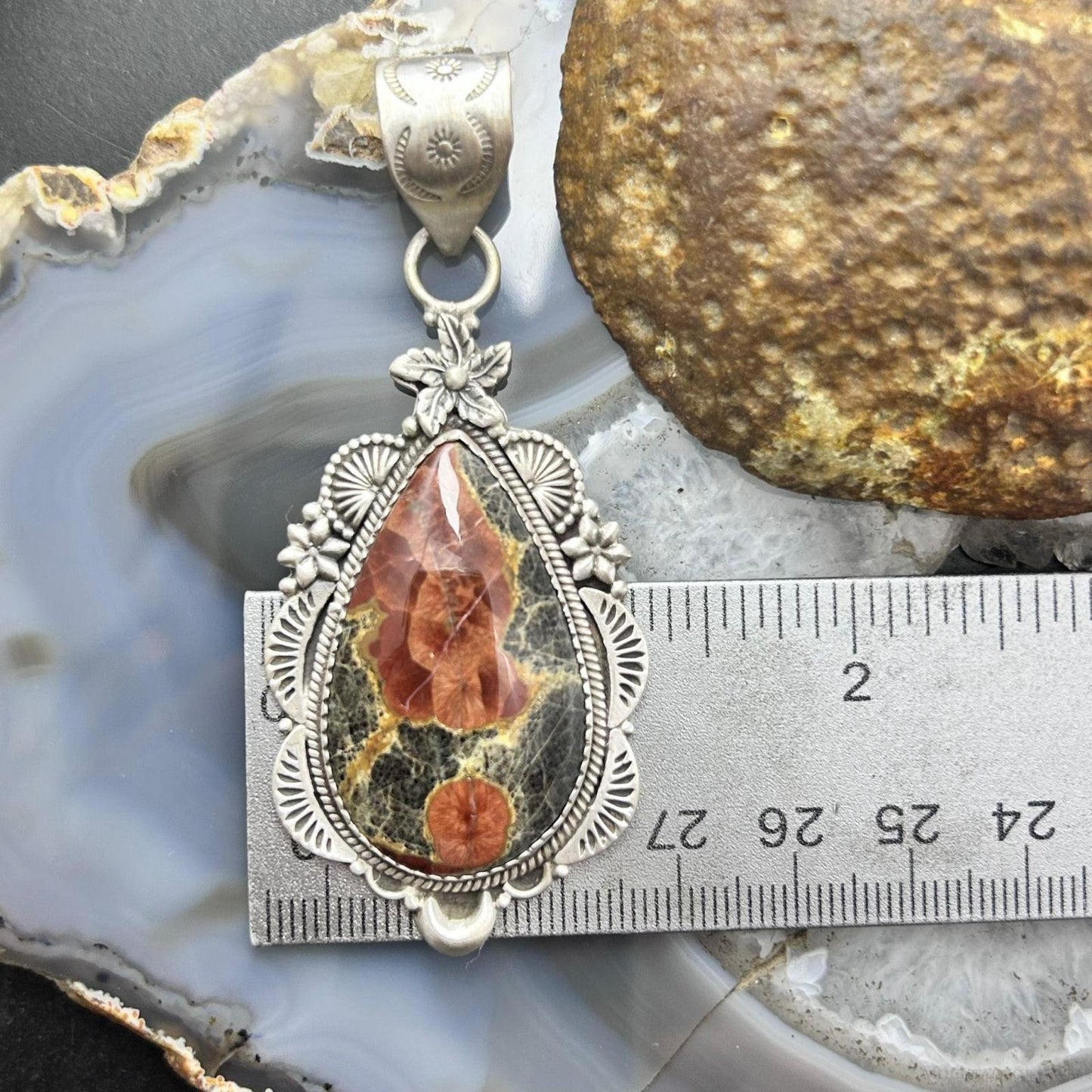 Sterling Silver Southwestern Style Peanut Obsidian Decorated Pendant For Women