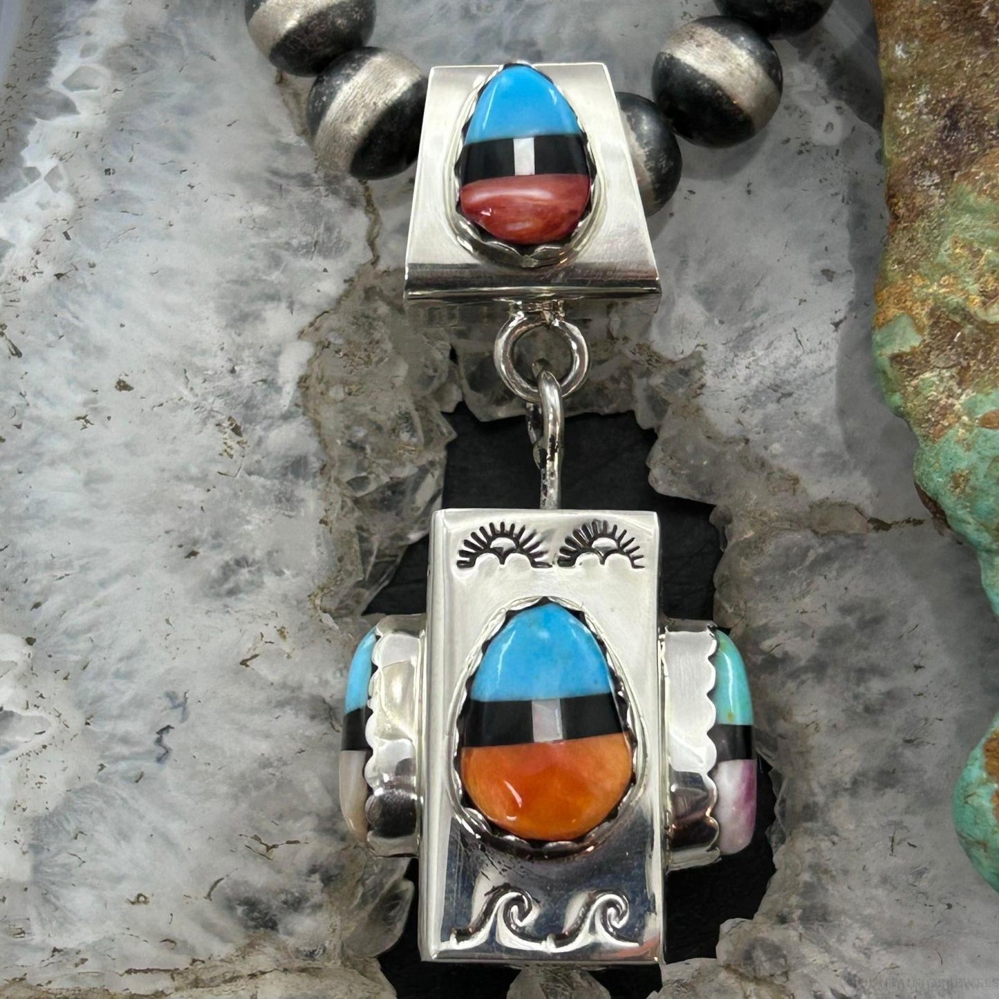 Cliffton Aguilar Santo Domingo Sterling Silver Decorated Multistone Rectangular Pendant