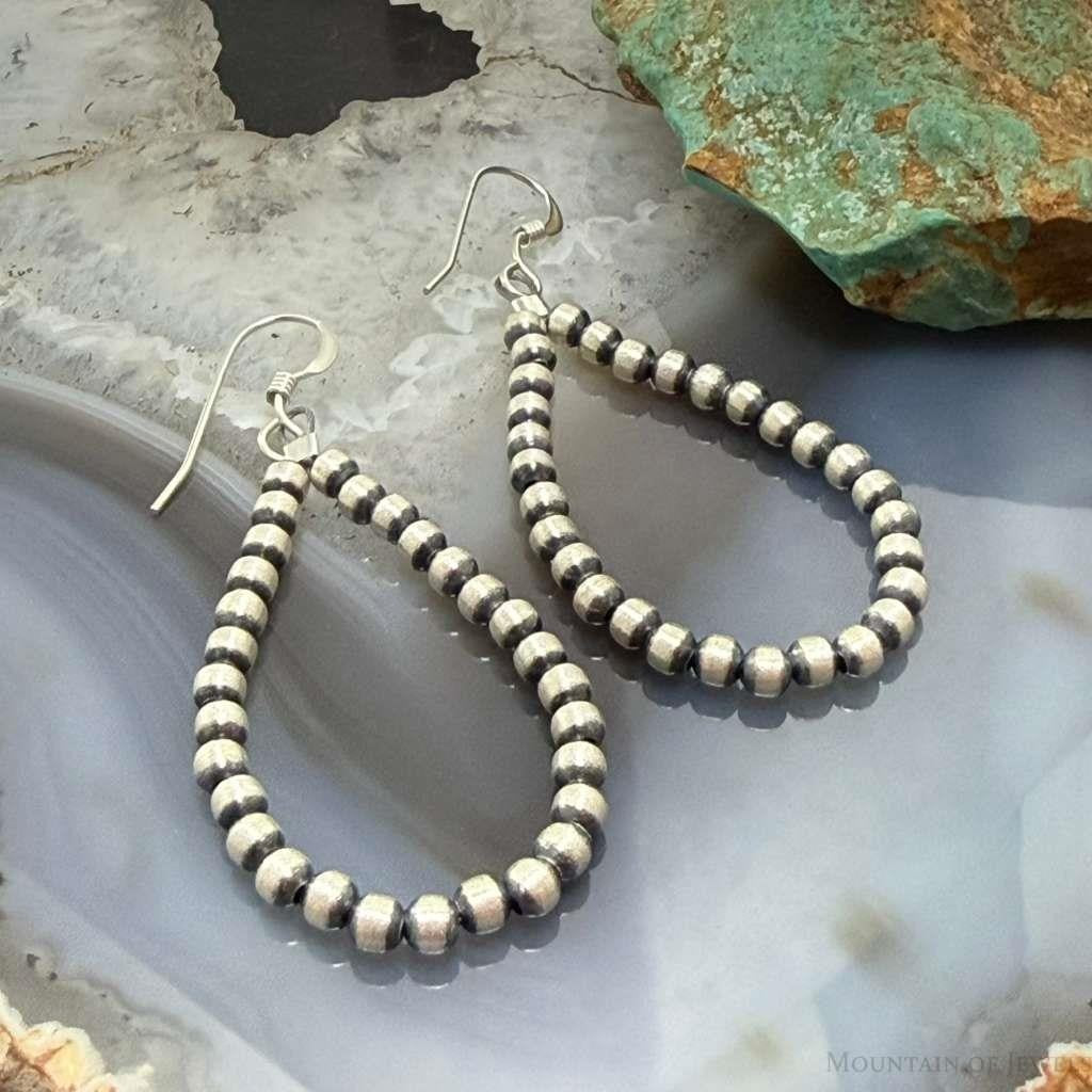 Sterling Silver Southwestern Style 3mm Navajo Pearl Bead Hoop Earrings For Women