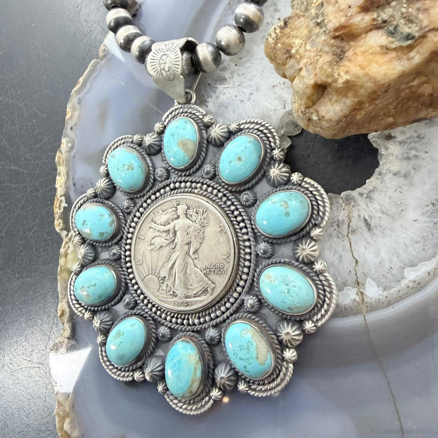 1943 Genuine 90% Silver Walking Liberty Half Dollar Coin w/Turquoise Unisex Pendant