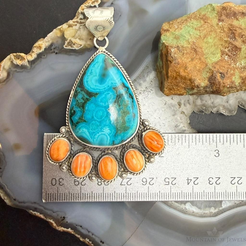 Sterling Silver Southwestern Style Malachite Chrysocolla&Spiny Oyster Decorated Pendant