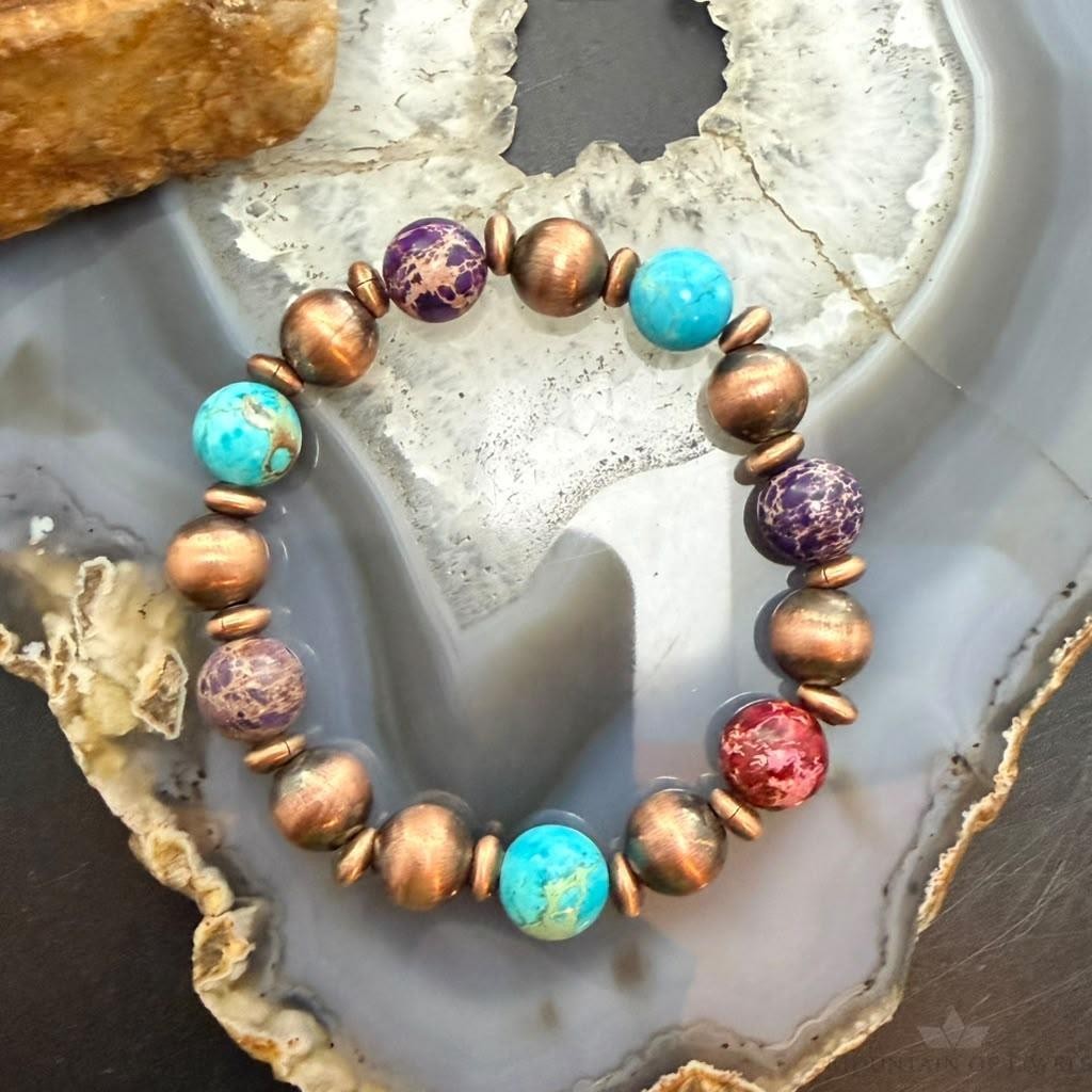 Southwestern Style 10mm Copper Navajo Pearl & 10mm Sediment Jasper Stretch Bracelet For Women