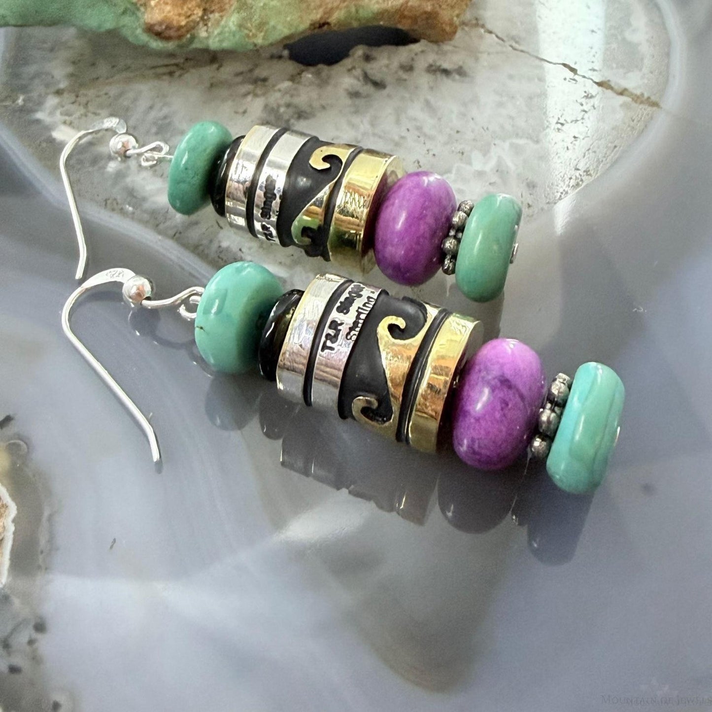 Tommy & Rosita Singer Sterling Silver Turquoise & Charoite Beads Dangle Earrings For Women