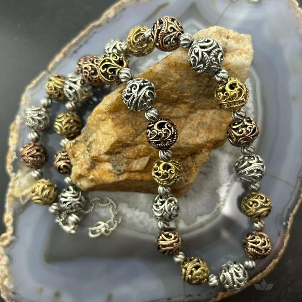 Carolyn Pollack Sterling Silver & Brass Swirl Hollow Beaded Necklace For Women