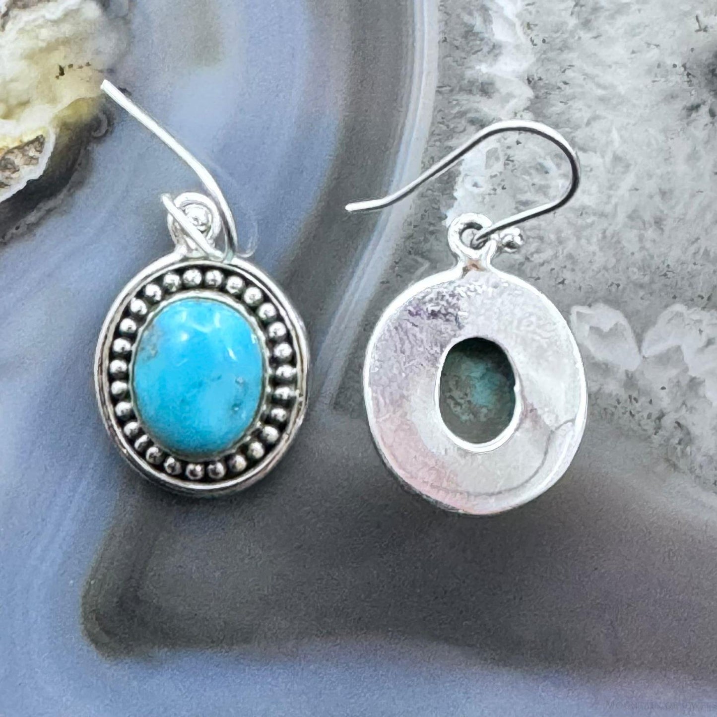 Sterling Silver Southwestern Style Oval Turquoise Dangle Earrings For Women