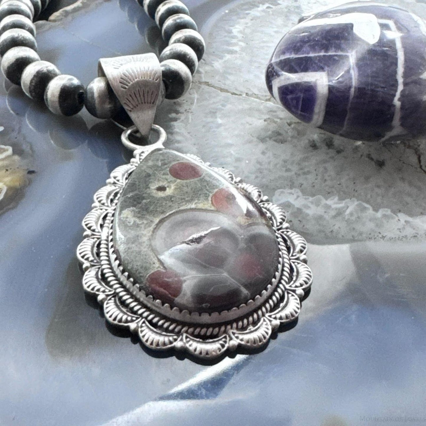 Sterling Silver Southwestern Style Teardrop Peanut Obsidian Decorated Pendant For Women