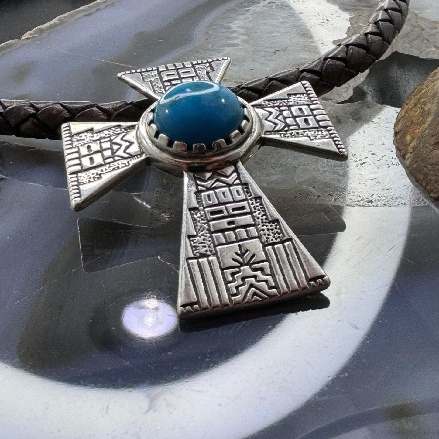 Carolyn Pollack Sterling Silver Round Turquoise Decorated Unisex Cross Pendant