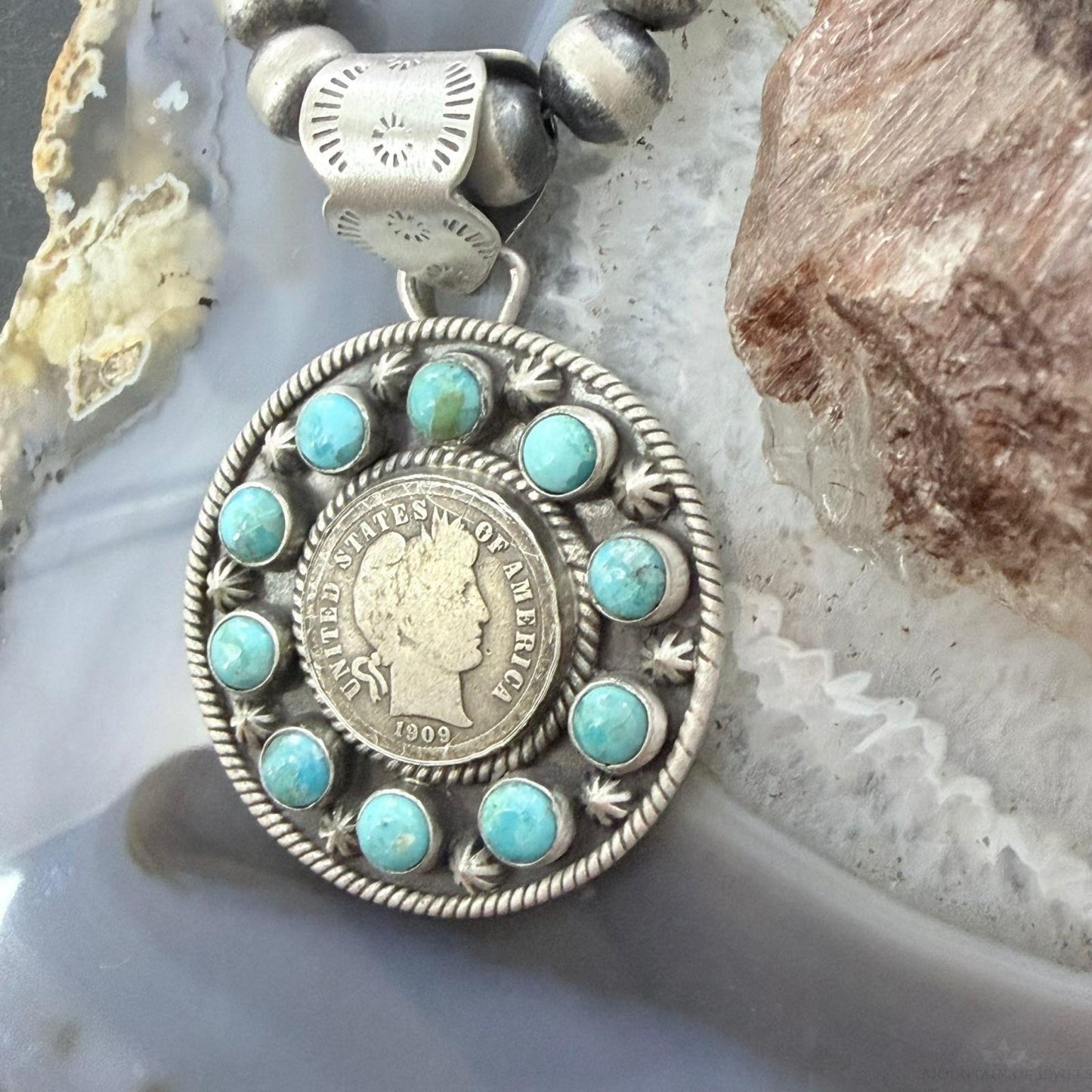 Genuine 1909 90% Silver Barber Head Dime Coin w/Mohave Turquoise Unisex Pendant