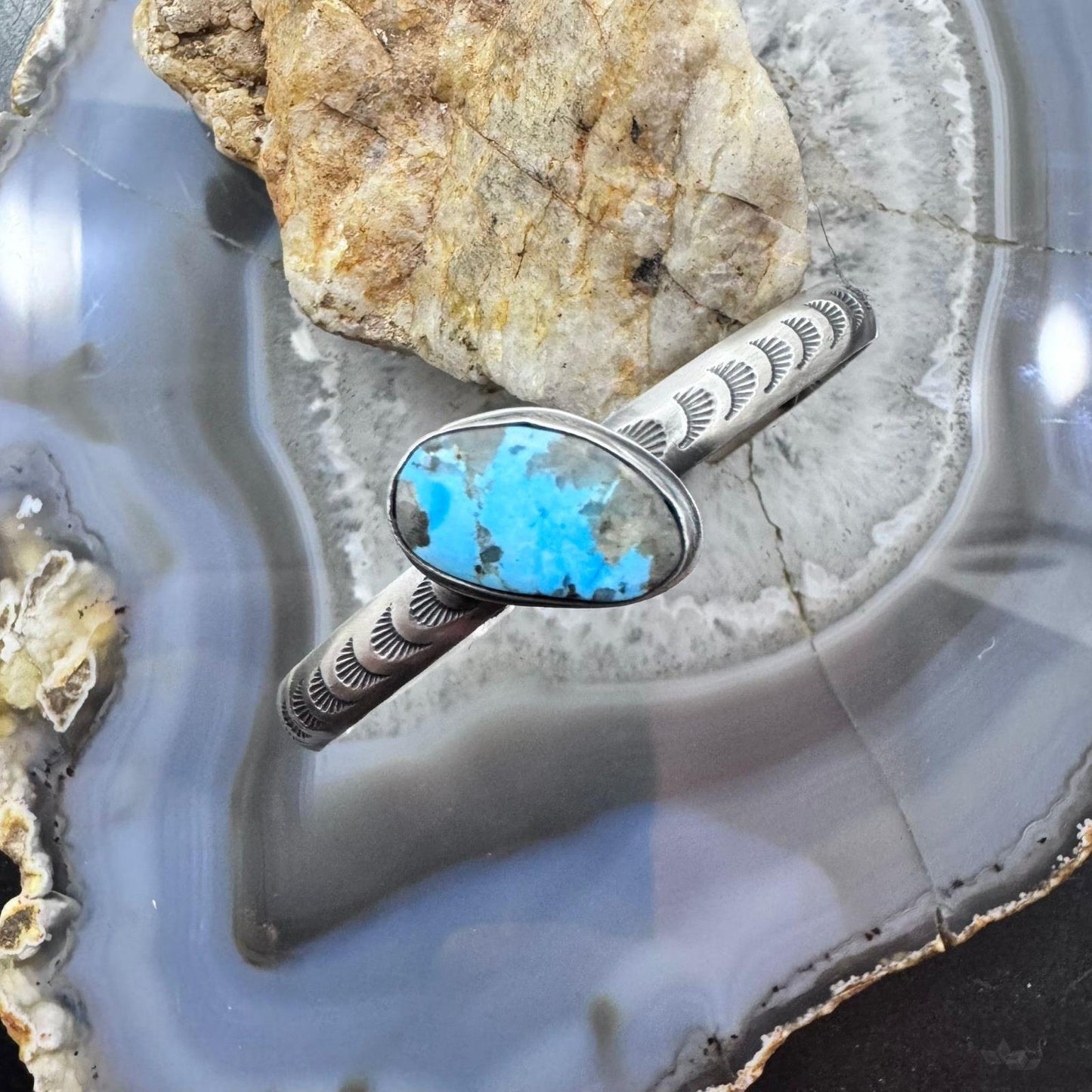 Native American Signed Sterling Silver Natural Turquoise Flexible Bracelet For Women