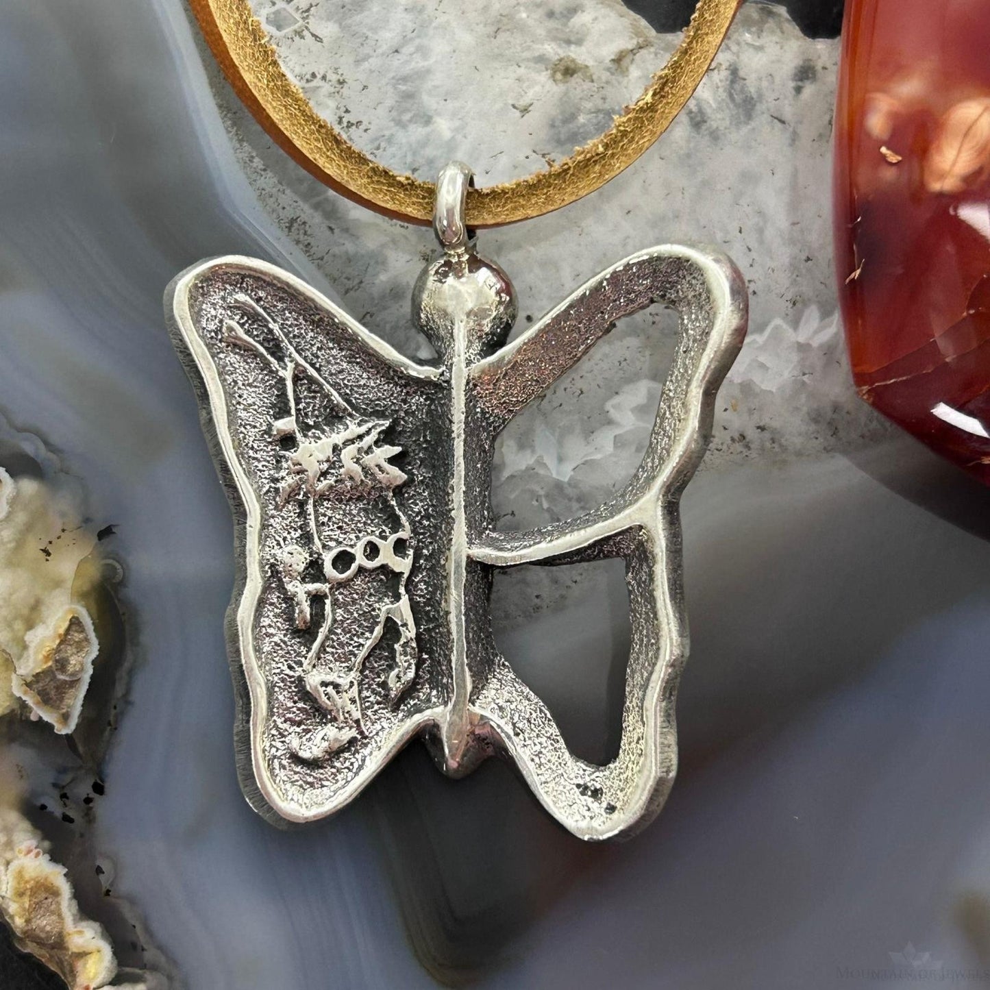 Gary Custer Navajo Sterling Silver Tufa Cast Butterfly w/Kachina Unisex Pendant