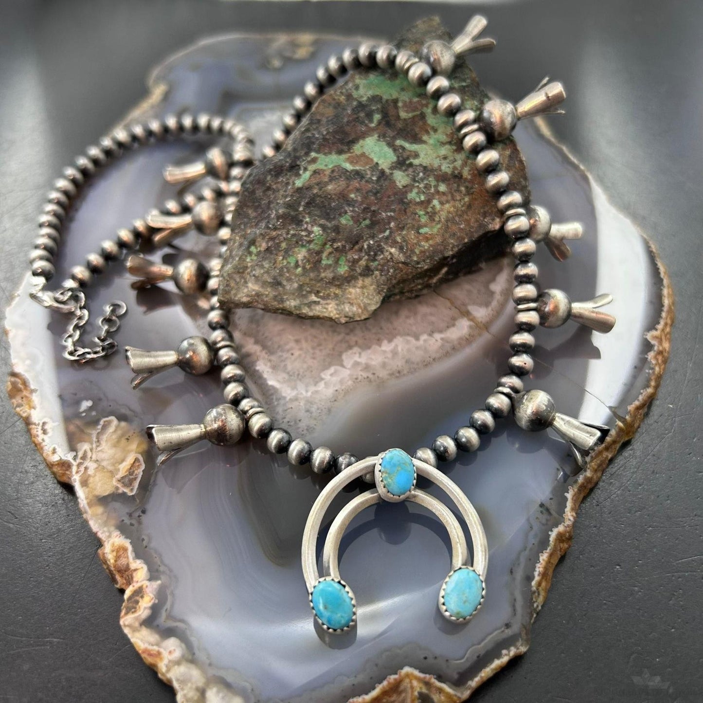 Sterling Silver Southwestern Style Naja w/Turquoise Squash Blossom 18"-20" Necklace For Women