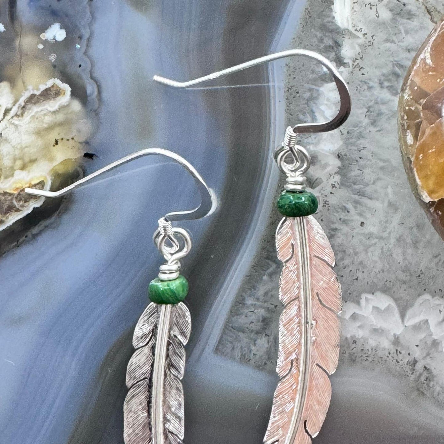 Anthony Gatewood Sterling Silver & Malachite Bead Feather Dangle Earrings For Women