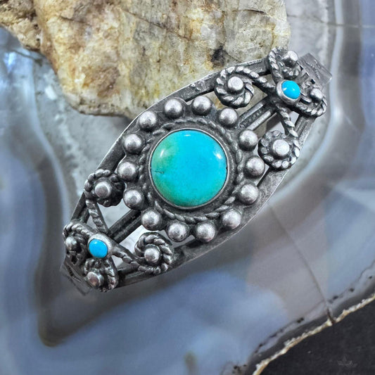 Vintage Native American Silver 3 Rounded Turquoise Decorated Bracelet For Women