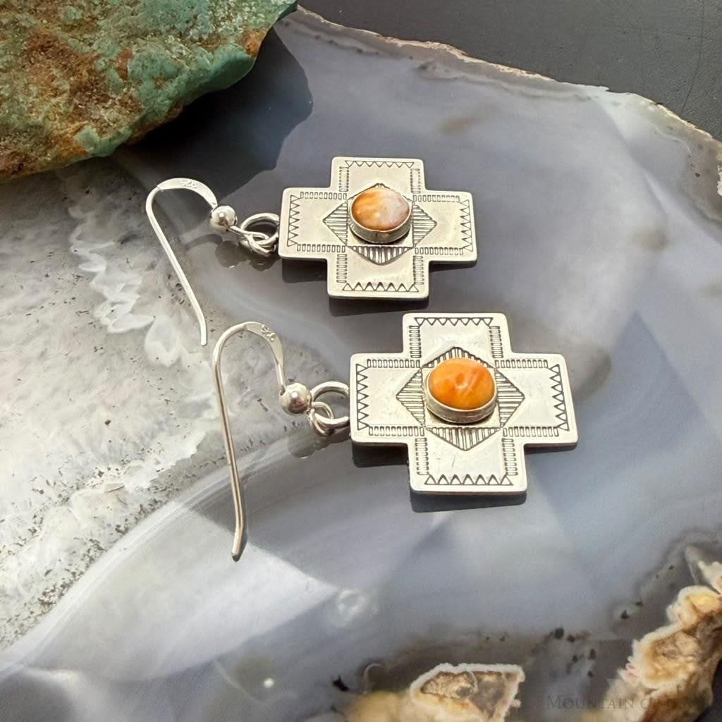 Vintage Signed Sterling Silver Spiny Oyster Stamped Cross Dangle Earrings For Women