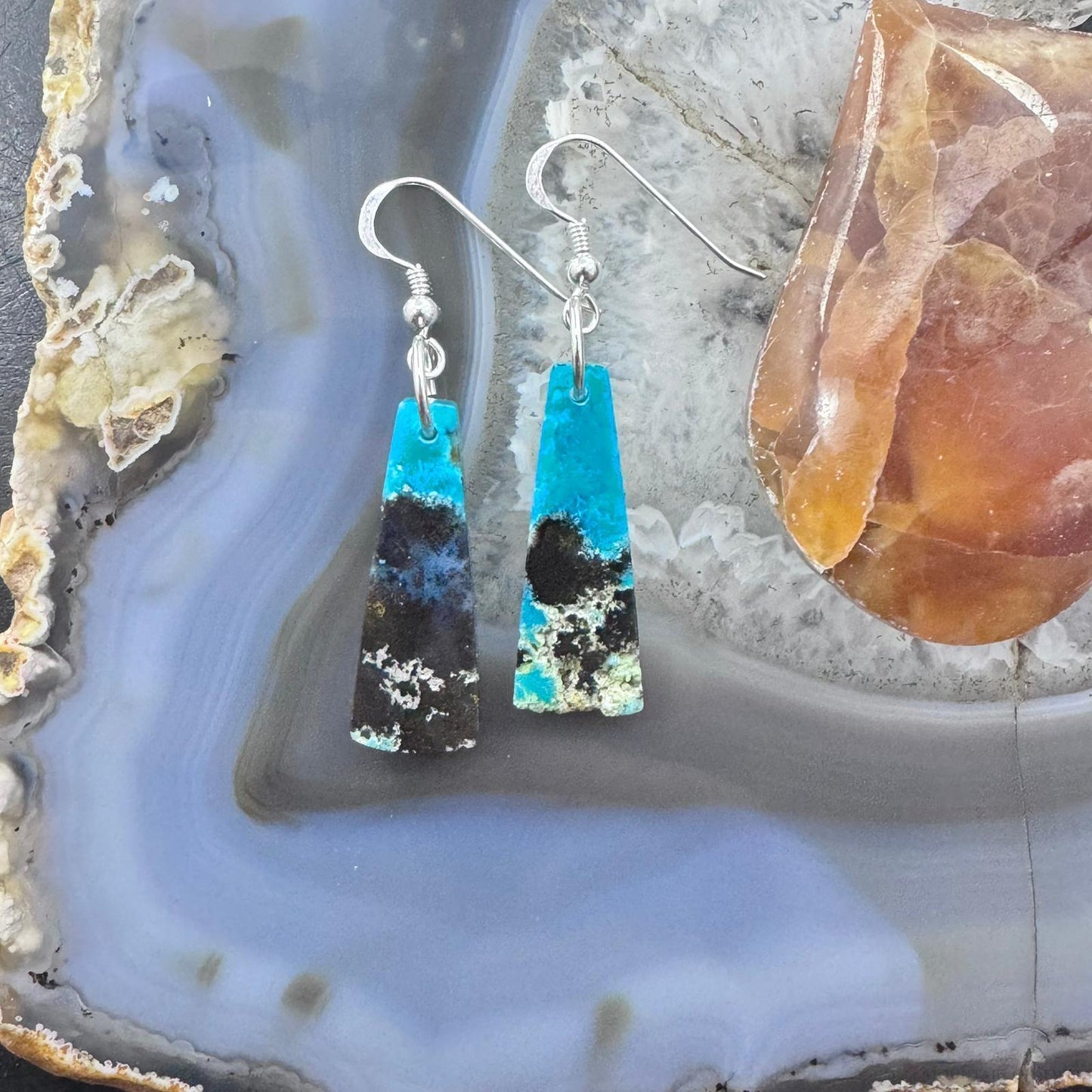 Sterling Silver Trapezoid Chrysocolla Slab Dangle Earrings For Women #211