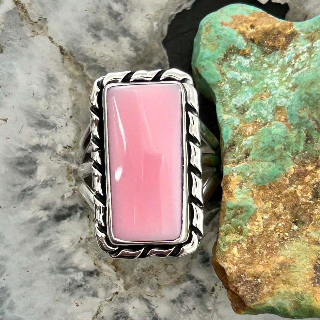 Native American Sterling Silver Rectangle Pink Conch Bar Ring Size 7.5 For Women