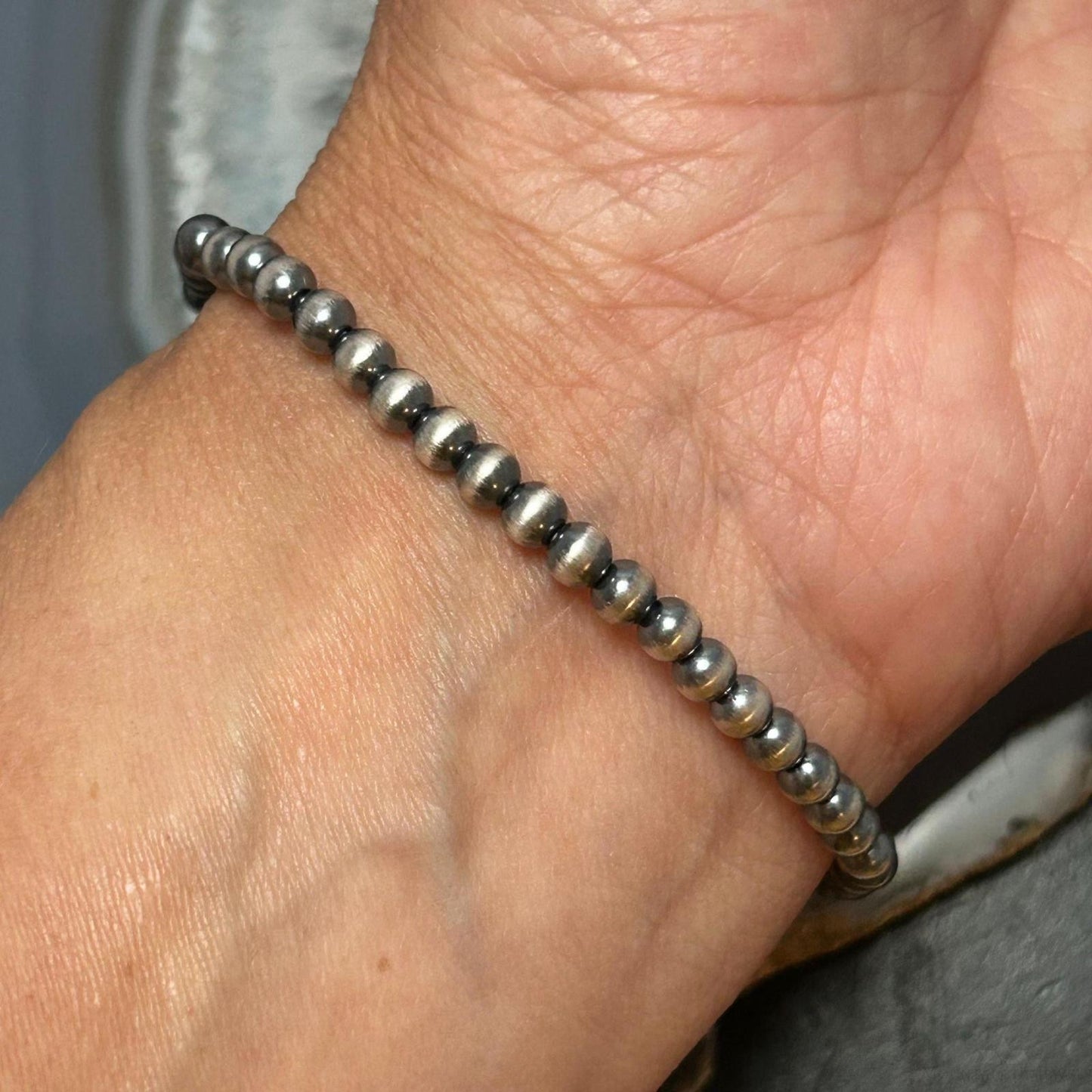 Sterling Silver 4mm Navajo Pearl Beads 6.5" Stretch Bracelet For Women
