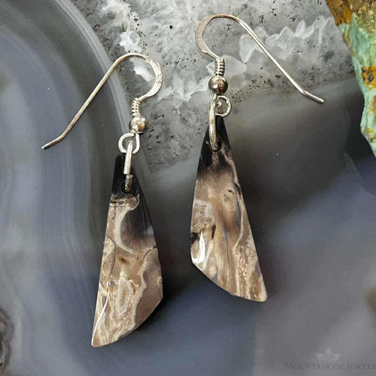 Sterling Silver Triangle Plum Root Jasper Slab Dangle Earrings For Women #161