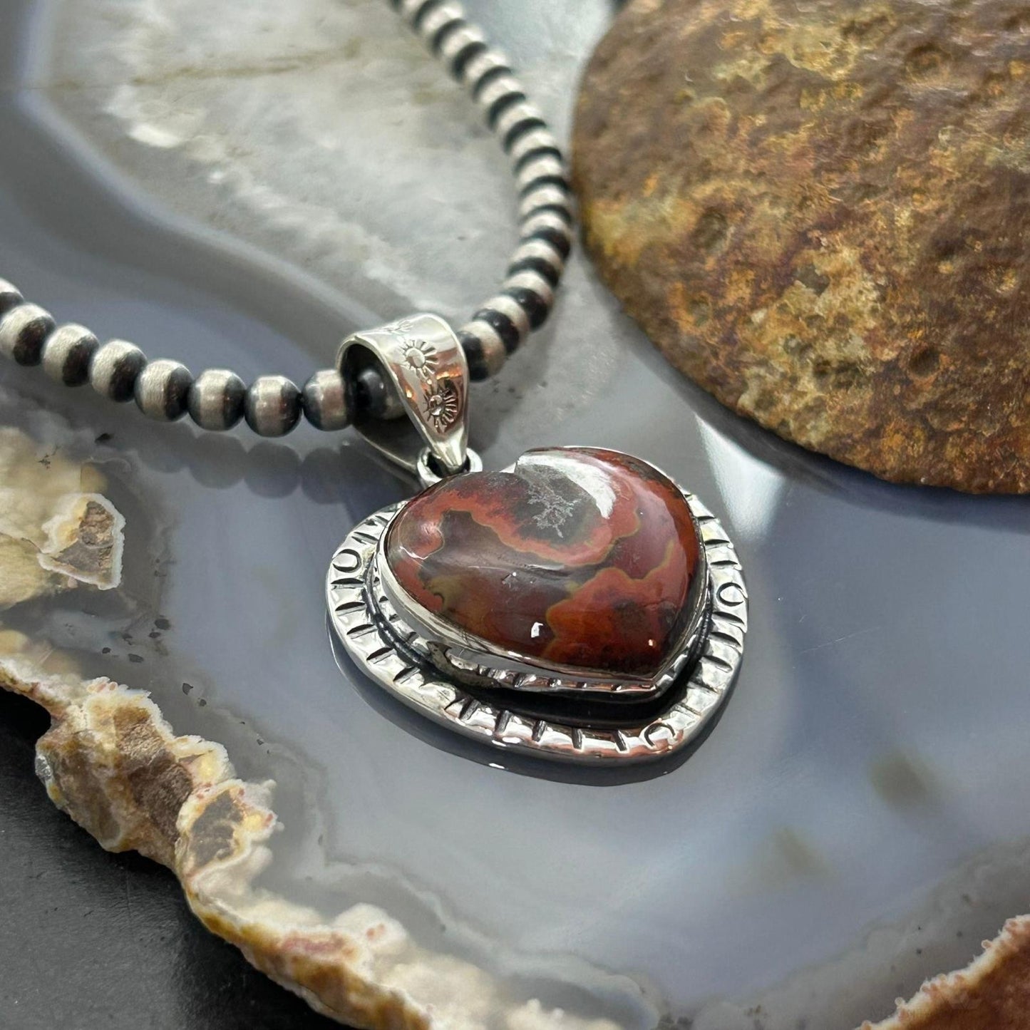 Sterling Silver Southwestern Style Seam Agate Heart Pendant For Women #2
